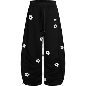 image:imageAelfric Eden Baggy Wide Leg Sweatpants Flower Embroidery Casual Y2K Elastic Drawstring Lantern Barrel Lounge Trouser PantsBlack