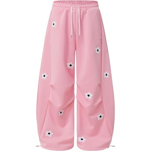 image:imageAelfric Eden Baggy Wide Leg Sweatpants Flower Embroidery Casual Y2K Elastic Drawstring Lantern Barrel Lounge Trouser PantsPink