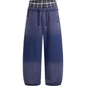 image:imageAelfric Eden Double Waist Washed Baggy Sweatpants Loose Wide Leg Plaid Patchwork Casual Pants with PocketsDark Blue