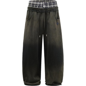 image:imageAelfric Eden Double Waist Washed Baggy Sweatpants Loose Wide Leg Plaid Patchwork Casual Pants with PocketsDark Grey